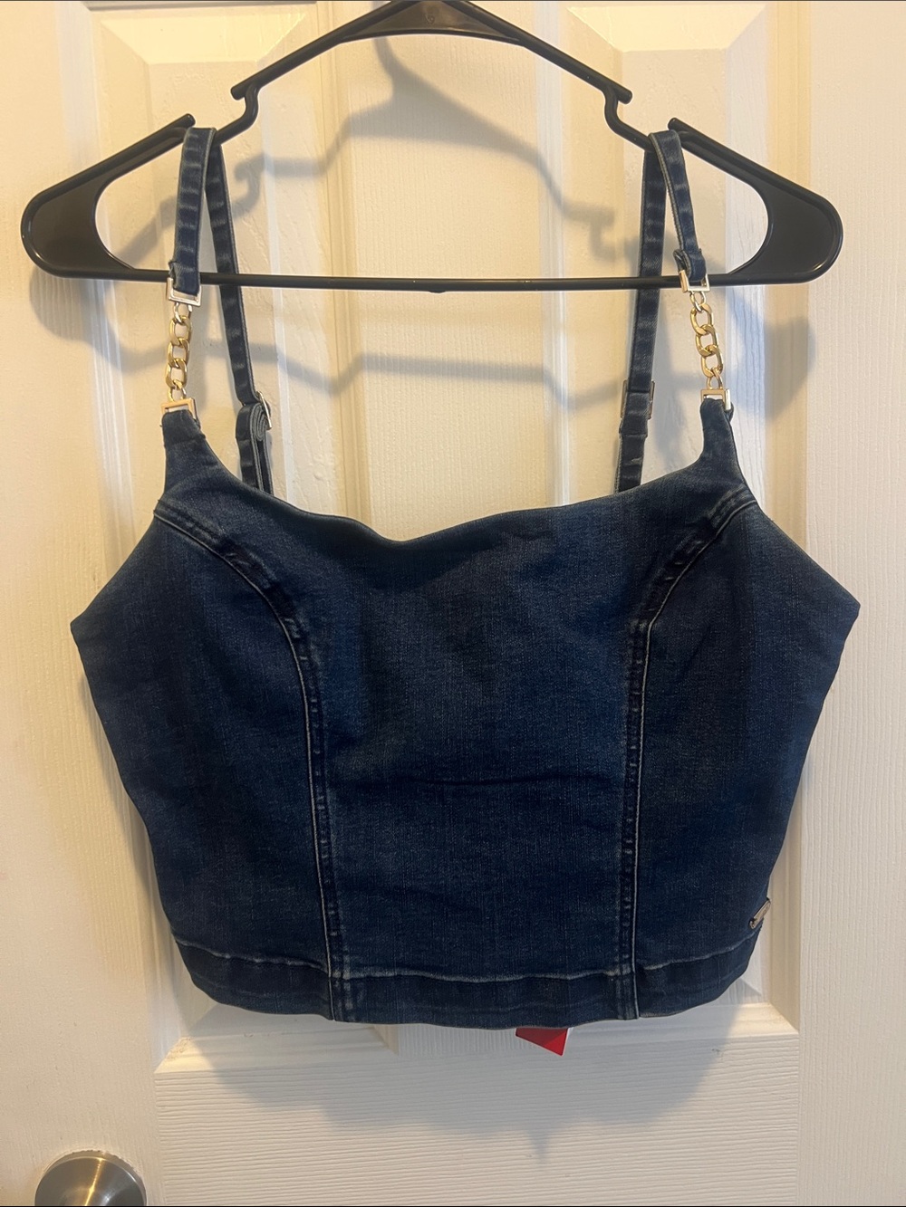 GUESS Dark Blue Denim Crop Camisole with Gold Chain Straps